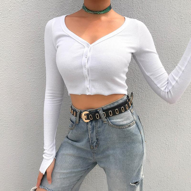 Raelynn Racy Doll Ribbed Button Up Long-Sleeved Crop Top