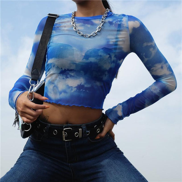 Nevaeh Blue Sky Mesh Long Sleeved Crop Top