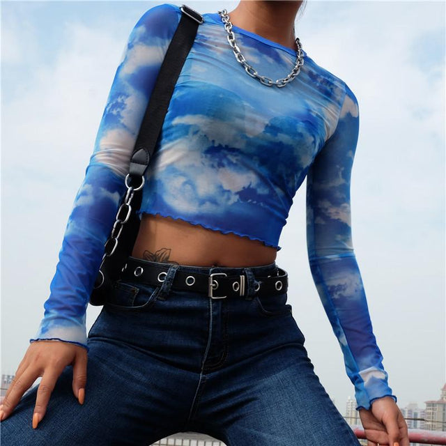 Nevaeh Blue Sky Mesh Long Sleeved Crop Top