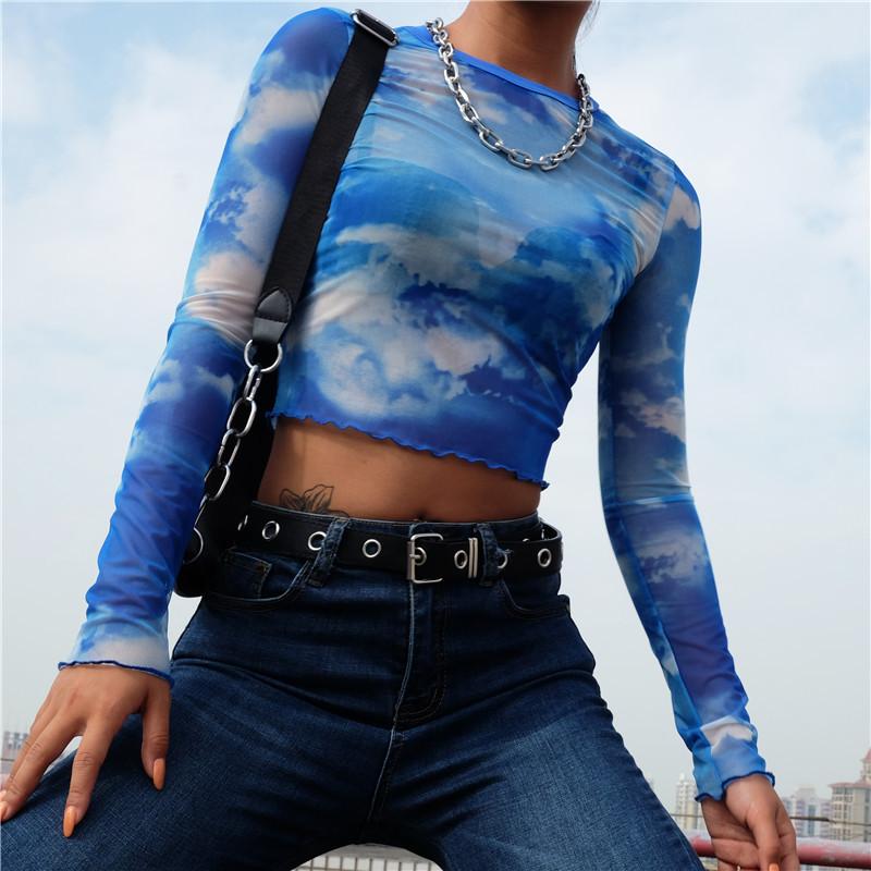 Nevaeh Blue Sky Mesh Long Sleeved Crop Top Empty Soda