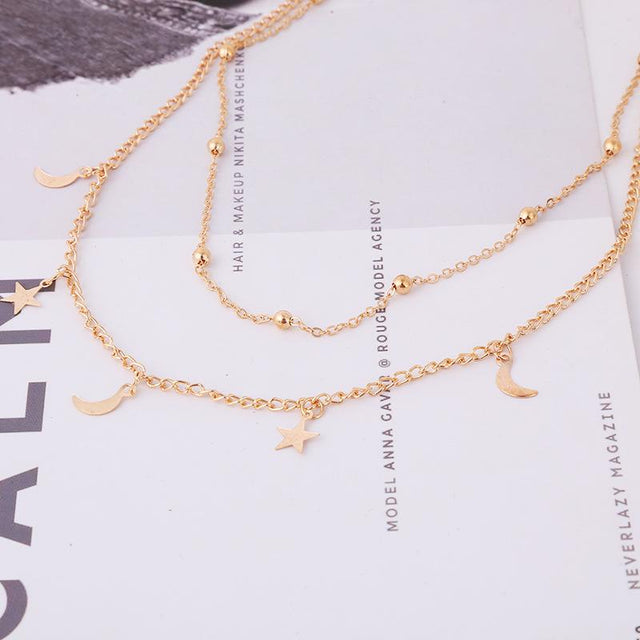 Ophelia Moon & Stars Double Chain Dainty Necklace