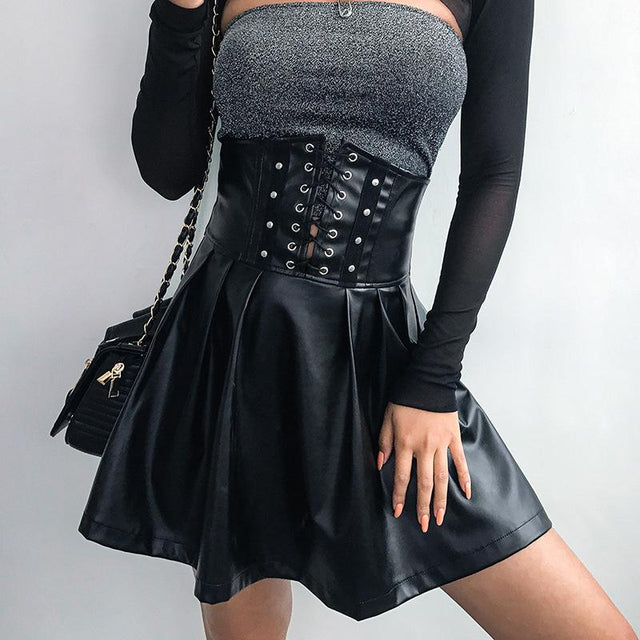 Claudia Gothic Faux Leather Corset Pleated Skirt