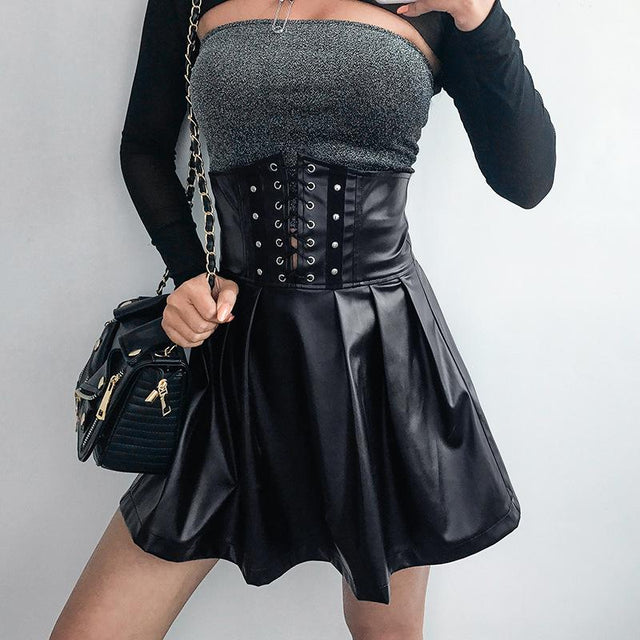 Claudia Gothic Faux Leather Corset Pleated Skirt