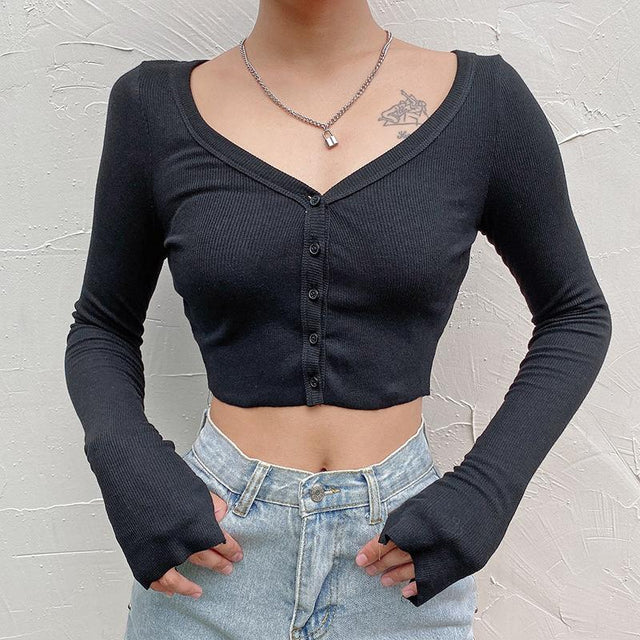 Raelynn Racy Doll Ribbed Button Up Long-Sleeved Crop Top