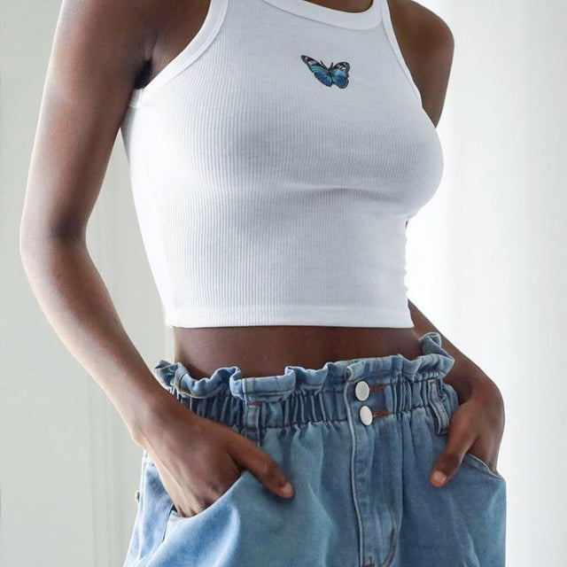 This Chick's All Fly Butterfly Embroidered Crop Tank Top