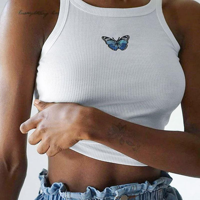 This Chick's All Fly Butterfly Embroidered Crop Tank Top