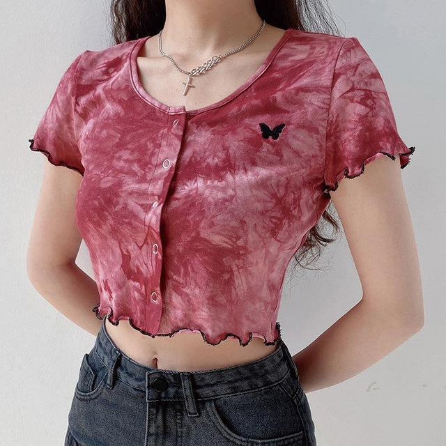 Tie Till We Dye Button Up Lettuce Lined Crop Top