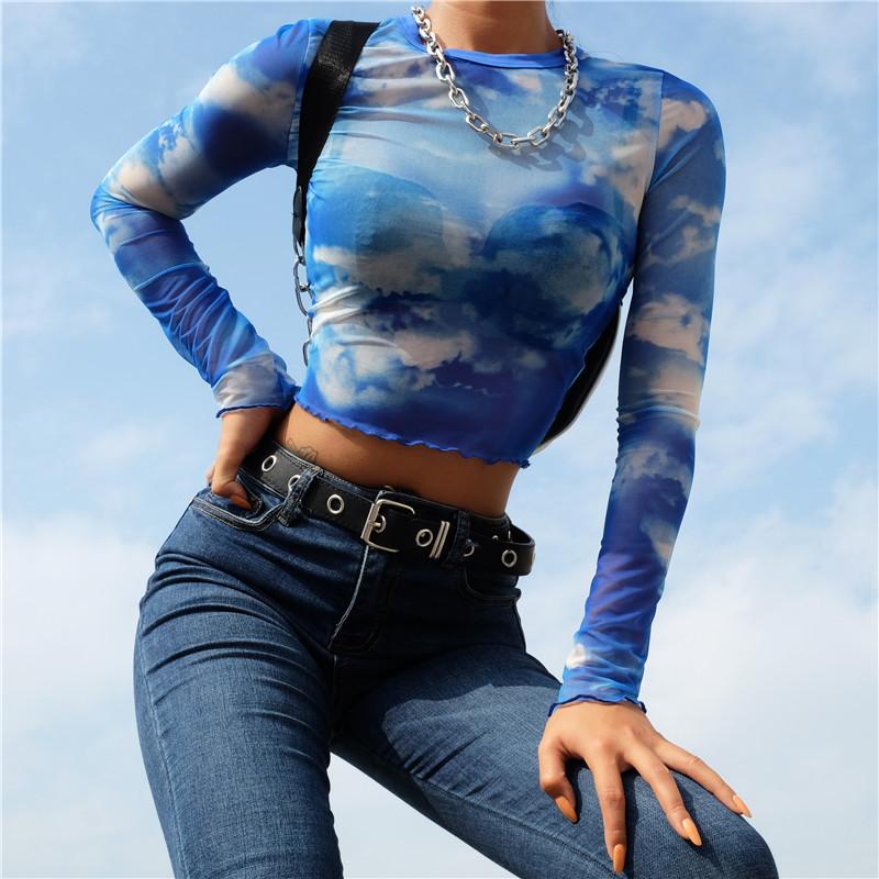 Nevaeh Blue Sky Mesh Long Sleeved Crop Top Empty Soda